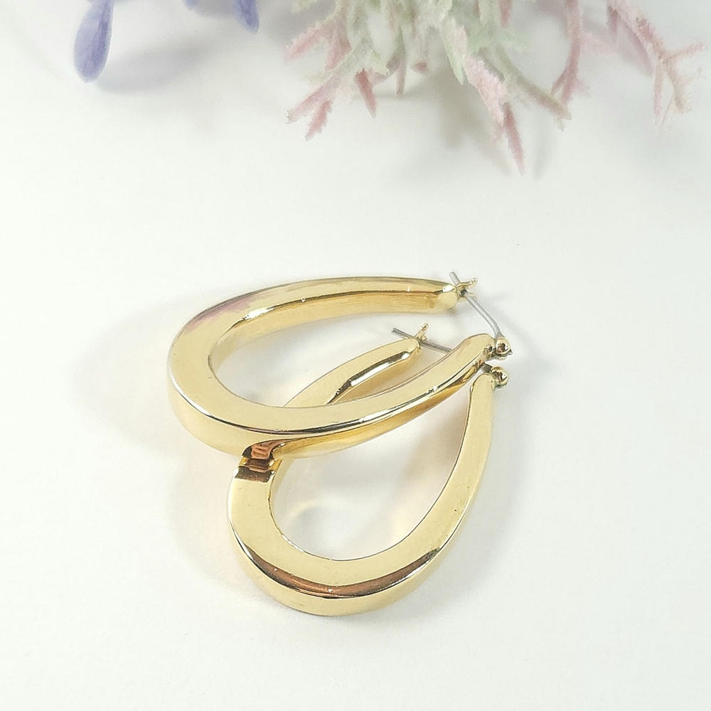 Vintage Napier Gold Tone Chunky Tear Drop Hoop Earrings Heavy Earrings